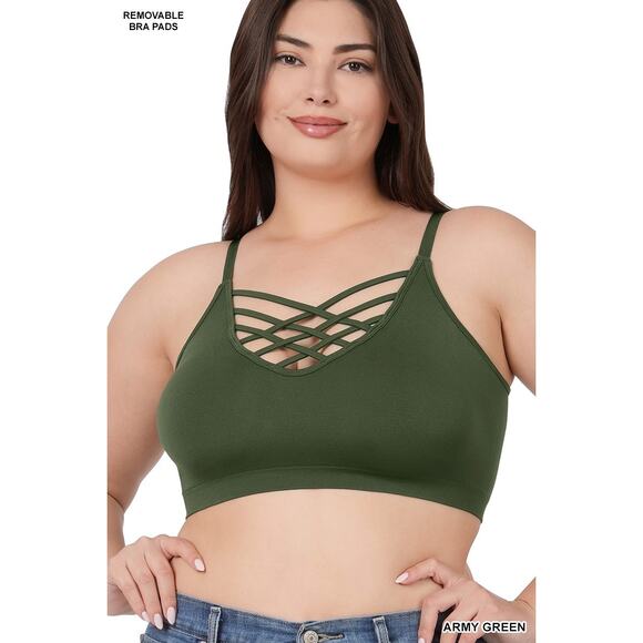 1X/2X Army Green Front V Lattice Bralette + bra padding adjustable straps Zenana - Picture 1 of 15